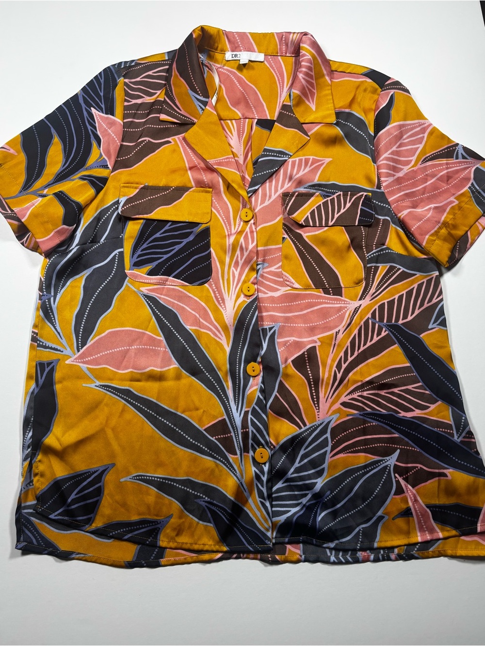 DR2 Tropical Button-Up Camp Shirt in Mustard & Coral NWOT